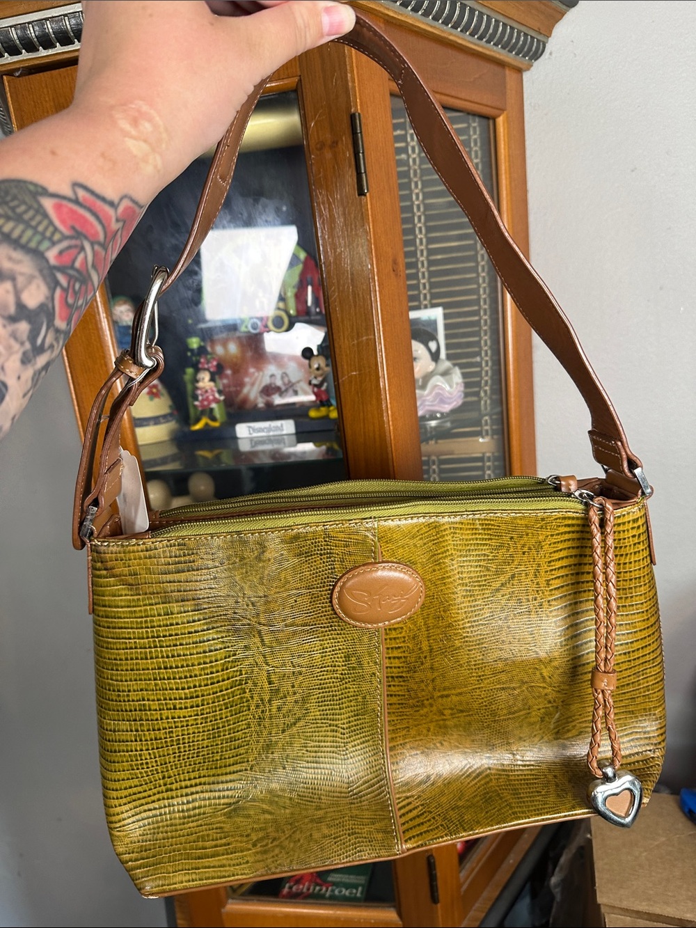 Sharif Olive Green Shoulder Bag with Brown Strap and Heart Charm